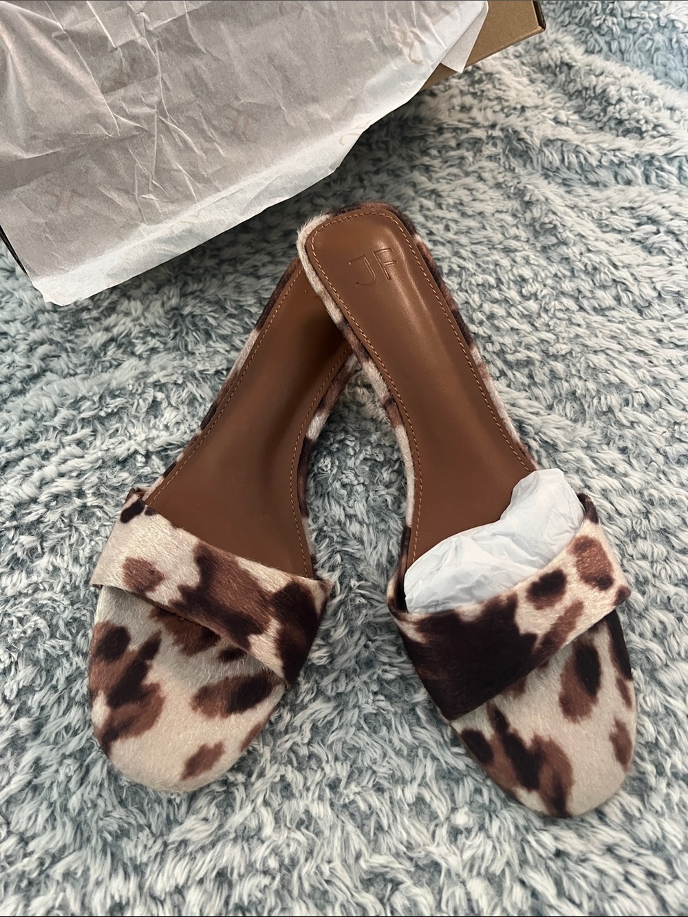 JustFab Brown and Cream Cow-Print Slide Mules